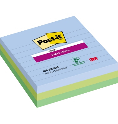 Haftnotizen 675-3SS-OAS, Super Sticky Oasis, 101x101mm, farbig sortiert (denimblau/limonengr&uuml;n/immergr&uuml;n), liniert, quadratisch