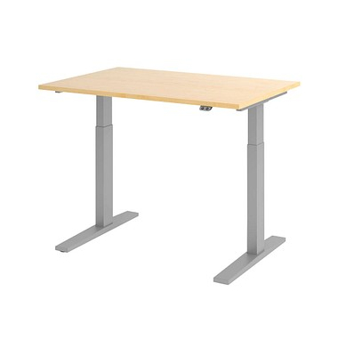 Sitz-Steh-Schreibtisch, elektrisch höhenverstellbar, 70-120cm (H), 120x80cm (BxT), rechteckig, ahorn / silber