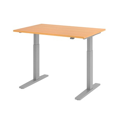 Sitz-Steh-Schreibtisch, elektrisch höhenverstellbar, 70-120cm (H), 120x80cm (BxT), rechteckig, buche / silber