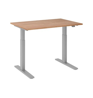 Sitz-Steh-Schreibtisch, elektrisch höhenverstellbar, 70-120cm (H), 120x80cm (BxT), rechteckig, nussbaum / silber