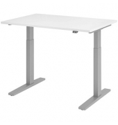 Sitz-Steh-Schreibtisch, elektrisch höhenverstellbar, 70-120cm (H), 120x80cm (BxT), rechteckig, weiß / silber