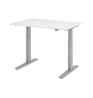 Sitz-Steh-Schreibtisch, elektrisch höhenverstellbar, 70-120cm (H), 120x80cm (BxT), rechteckig, weiß / silber