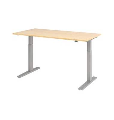 Sitz-Steh-Schreibtisch, elektrisch höhenverstellbar, 70-120cm (H), 160x80cm (BxT), rechteckig, ahorn / silber