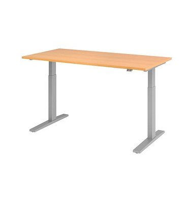 Sitz-Steh-Schreibtisch, elektrisch höhenverstellbar, 70-120cm (H), 160x80cm (BxT), rechteckig, buche / silber