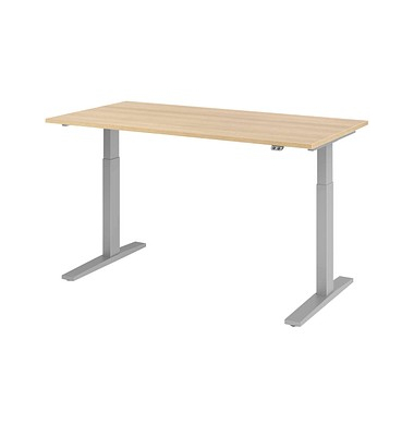 Sitz-Steh-Schreibtisch, elektrisch höhenverstellbar, 70-120cm (H), 160x80cm (BxT), rechteckig, eiche / silber
