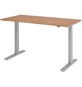 Sitz-Steh-Schreibtisch, elektrisch höhenverstellbar, 70-120cm (H), 160x80cm (BxT), rechteckig, nussbaum / silber