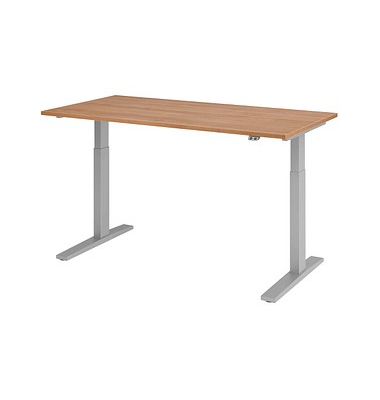 Sitz-Steh-Schreibtisch, elektrisch höhenverstellbar, 70-120cm (H), 160x80cm (BxT), rechteckig, nussbaum / silber