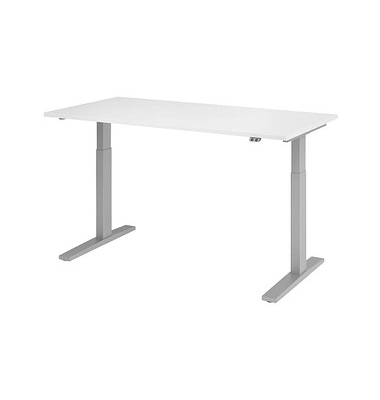 Sitz-Steh-Schreibtisch, elektrisch höhenverstellbar, 70-120cm (H), 160x80cm (BxT), rechteckig, weiß / silber