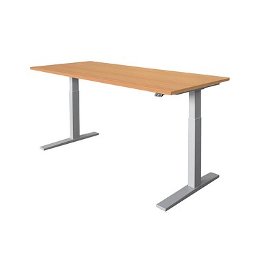 Sitz-Steh-Schreibtisch, elektrisch höhenverstellbar, 70-120cm (H), 180x80cm (BxT), rechteckig, buche / silber