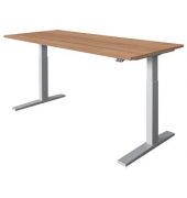 Sitz-Steh-Schreibtisch, elektrisch höhenverstellbar, 70-120cm (H), 180x80cm (BxT), rechteckig, nussbaum / silber