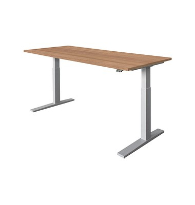 Sitz-Steh-Schreibtisch, elektrisch höhenverstellbar, 70-120cm (H), 180x80cm (BxT), rechteckig, nussbaum / silber