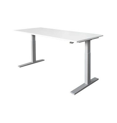 Sitz-Steh-Schreibtisch, elektrisch höhenverstellbar, 70-120cm (H), 180x80cm (BxT), rechteckig, weiß / silber