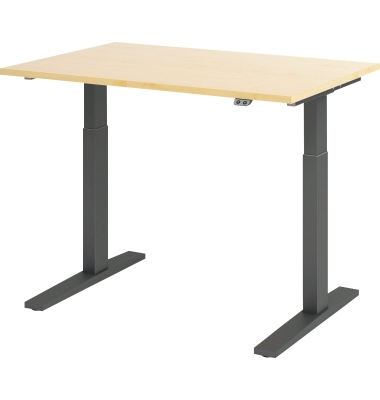 Sitz-Steh-Schreibtisch, elektrisch höhenverstellbar, 70-120cm (H), 120x80cm (BxT), rechteckig, ahorn / graphit Sitz-Steh-Schreibtisch, elektrisch höhenverstellbar, 70-120cm (H), 120x80cm (BxT), rechteckig, ahorn / graphit