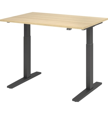 Sitz-Steh-Schreibtisch XMKA, elektrisch h&ouml;henverstellbar, 70-120cm (H), 120x80cm (BxT), rechteckig, eiche / graphit