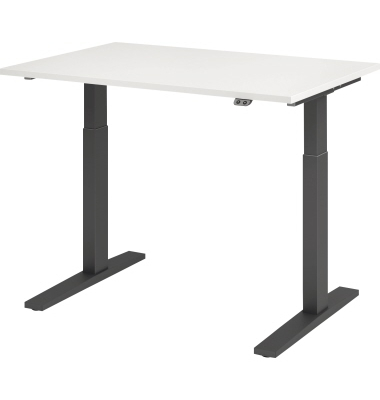Sitz-Steh-Schreibtisch, elektrisch höhenverstellbar, 70-120cm (H), 120x80cm (BxT), rechteckig, weiß / graphit Sitz-Steh-Schreibtisch, elektrisch höhenverstellbar, 70-120cm (H), 120x80cm (BxT), rechteckig, weiß / graphit