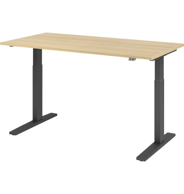 Sitz-Steh-Schreibtisch, elektrisch höhenverstellbar, 70-120cm (H), 160x80cm (BxT), rechteckig, eiche / graphit Sitz-Steh-Schreibtisch, elektrisch höhenverstellbar, 70-120cm (H), 160x80cm (BxT), rechteckig, eiche / graphit