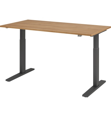 Sitz-Steh-Schreibtisch, elektrisch höhenverstellbar, 70-120cm (H), 160x80cm (BxT), rechteckig, nussbaum / graphit Sitz-Steh-Schreibtisch, elektrisch höhenverstellbar, 70-120cm (H), 160x80cm (BxT), rechteckig, nussbaum / graphit