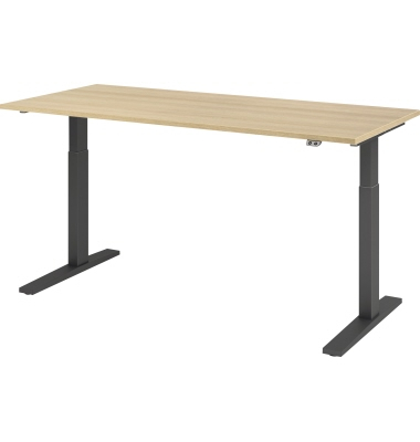 Sitz-Steh-Schreibtisch, elektrisch höhenverstellbar, 70-120cm (H), 180x80cm (BxT), rechteckig, eiche / graphit Sitz-Steh-Schreibtisch, elektrisch höhenverstellbar, 70-120cm (H), 180x80cm (BxT), rechteckig, eiche / graphit