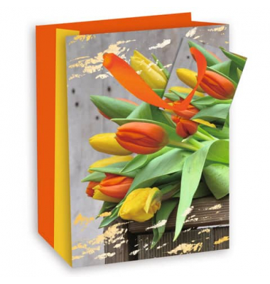 Geschenktasche 52256 Tulpen, allgemein, Schleifenband mit Anhänger, Tulpen, 17,7cm x 22,7cm