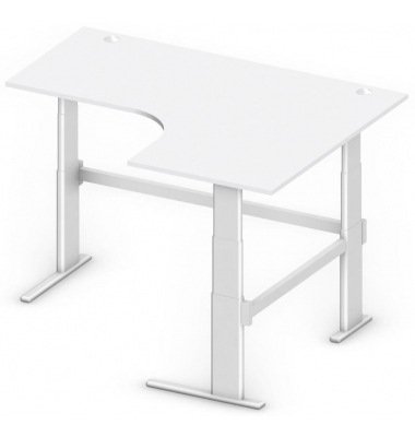 Sitz-Steh-Schreibtisch Comfort MULTI M, elektrisch h&ouml;henverstellbar, 65,5-130,5cm (H), 180x140cm (BxT), L-Form, lichtgrau / silb