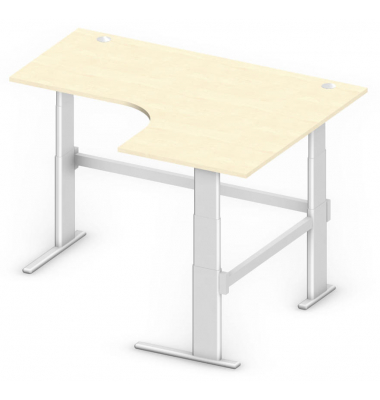 Sitz-Steh-Schreibtisch Comfort MULTI M, elektrisch h&ouml;henverstellbar, 65,5-130,5cm (H), 180x140cm (BxT), L-Form, ahorn / silber