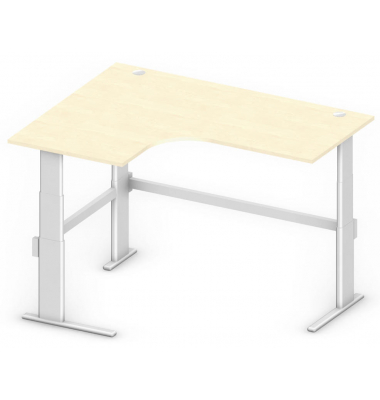 Sitz-Steh-Schreibtisch Comfort MULTI M, elektrisch h&ouml;henverstellbar, 65,5-130,5cm (H), 180x140cm (BxT), L-Form, ahorn / silber