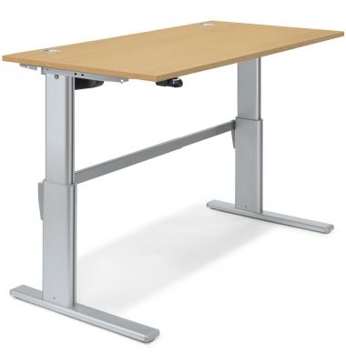 Sitz-Steh-Schreibtisch BASIC MULTI M, elektrisch höhenverstellbar, 72,5-114cm (H), 120x80cm (BxT), rechteckig, buche / silber