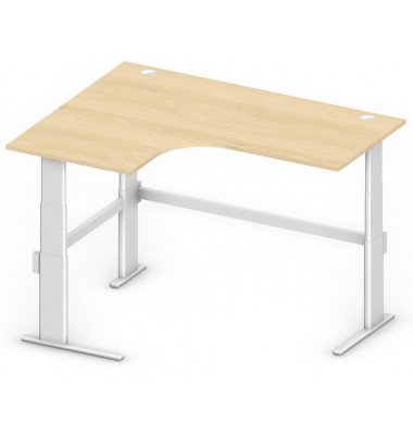 Sitz-Steh-Schreibtisch Comfort MULTI M, elektrisch h&ouml;henverstellbar, 65,5-130,5cm (H), 180x140cm (BxT), L-Form, buche / silber
