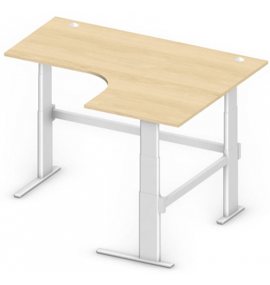 Sitz-Steh-Schreibtisch Comfort MULTI M, elektrisch h&ouml;henverstellbar, 65,5-130,5cm (H), 180x140cm (BxT), L-Form, buche / silber