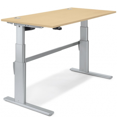 Sitz-Steh-Schreibtisch Comfort MULTI M, elektrisch h&ouml;henverstellbar, 65,5-103,5cm (H), 120x80cm (BxT), rechteckig, ahorn / silbe