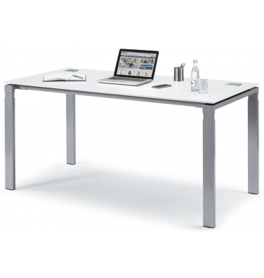 Schreibtisch Comfort EVO, manuell höhenverstellbar, 73-85,5cm (H), 160x80cm (BxT), rechteckig, weiß / silber Schreibtisch Comfort EVO, manuell höhenverstellbar, 73-85,5cm (H), 160x80cm (BxT), rechteckig, weiß / silber