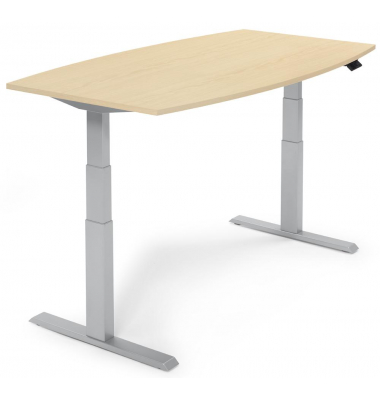 Sitz-Steh-Besprechungstisch, elektrisch h&ouml;henverstellbar 64-130cm (H), 200x100cm (BxT), 8 Personen, Tonnenform, ahorn / silber
