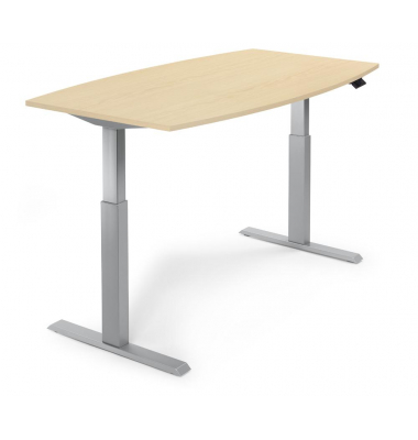 Sitz-Steh-Besprechungstisch, elektrisch h&ouml;henverstellbar 71,5-120,5cm (H), 200x100cm (BxT), 8 Personen, Tonnenform, ahorn / silb