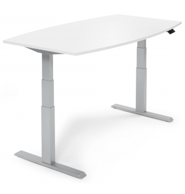 Sitz-Steh-Besprechungstisch, elektrisch h&ouml;henverstellbar 64-130cm (H), 200x100cm (BxT), 8 Personen, Tonnenform, wei&szlig; / silber
