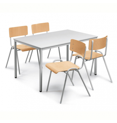 SET: 1 Tisch, 4 Stapelstühle Holz