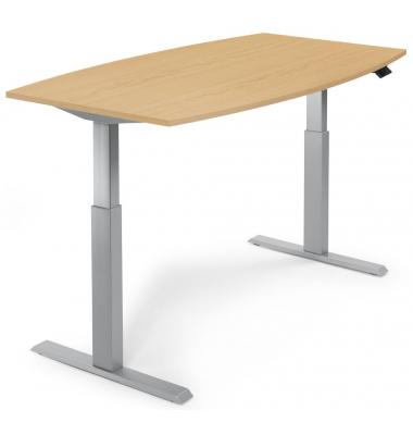 Sitz-Steh-Besprechungstisch, elektrisch h&ouml;henverstellbar 71,5-120,5cm (H), 200x100cm (BxT), 8 Personen, Tonnenform, buche / silb