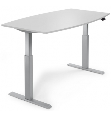 Sitz-Steh-Besprechungstisch, elektrisch h&ouml;henverstellbar 71,5-120,5cm (H), 200x100cm (BxT), 8 Personen, Tonnenform, lichtgrau / 