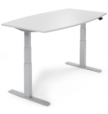 Sitz-Steh-Besprechungstisch, elektrisch h&ouml;henverstellbar 64-130cm (H), 200x100cm (BxT), 8 Personen, Tonnenform, lichtgrau / silb
