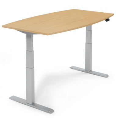 Sitz-Steh-Besprechungstisch, elektrisch h&ouml;henverstellbar 64-130cm (H), 200x100cm (BxT), 8 Personen, Tonnenform, buche / silber