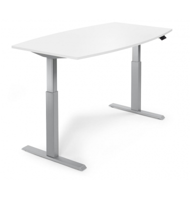 Sitz-Steh-Besprechungstisch, elektrisch h&ouml;henverstellbar 71,5-120,5cm (H), 200x100cm (BxT), 8 Personen, Tonnenform, wei&szlig; / silbe