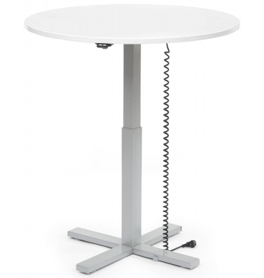 Sitz-Steh-Schreibtisch MODUL Monosäule, elektrisch höhenverstellbar, 71,5-120,5cm (H), 100x80cm (BxT), rund, weiß / silber