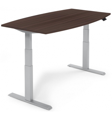 Sitz-Steh-Besprechungstisch, elektrisch h&ouml;henverstellbar 64-130cm (H), 200x100cm (BxT), 8 Personen, Tonnenform, nussbaum dunkel 