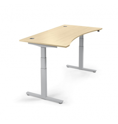 Sitz-Steh-Schreibtisch Cockpit MULTI M, elektrisch höhenverstellbar, 65-130cm (H), 180x90cm (BxT), Cockpitform, ahorn / silber