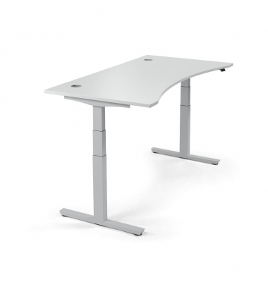 Sitz-Steh-Schreibtisch Cockpit MULTI M, elektrisch höhenverstellbar, 65-130cm (H), 200x90cm (BxT), Cockpitform, lichtgrau / silb