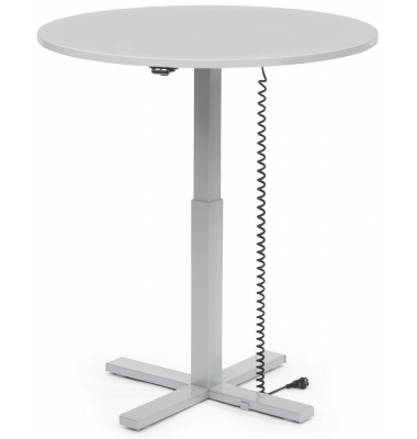 Sitz-Steh-Schreibtisch MODUL Monos&auml;ule, elektrisch h&ouml;henverstellbar, 71,5-120,5cm (H), 100x80cm (BxT), rund, lichtgrau / silber