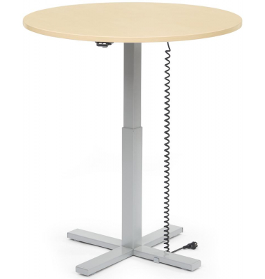 Sitz-Steh-Schreibtisch MODUL Monos&auml;ule, elektrisch h&ouml;henverstellbar, 71,5-120,5cm (H), 100x80cm (BxT), rund, ahorn / silber