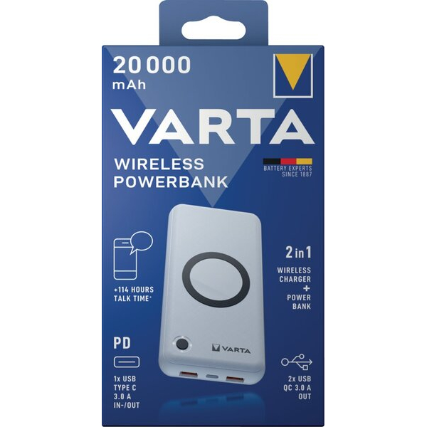 4008496056101 - Wireless Powerbank Varta 20000 mAh 1x USB-C (In & Out) 2x USB-A (Out) Laden mit o ohne Kabel B 79 x T 24 x H 160 mm weiß