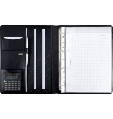 Ringbuchmappe Cremona II, A4, schwarz Nappaleder, Taschenrechner