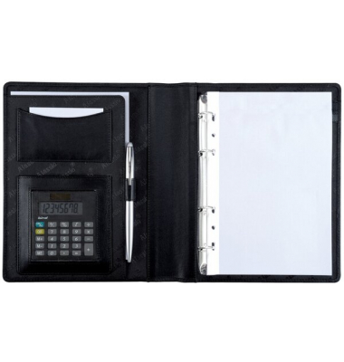 Ringbuchmappe Benaco, DIN A5, schwarz Nappaleder, Taschenrechner