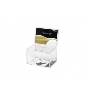 Vorschlag/Spende-Box mit Infoschild Maße: 108 x 149 x 222 mm
